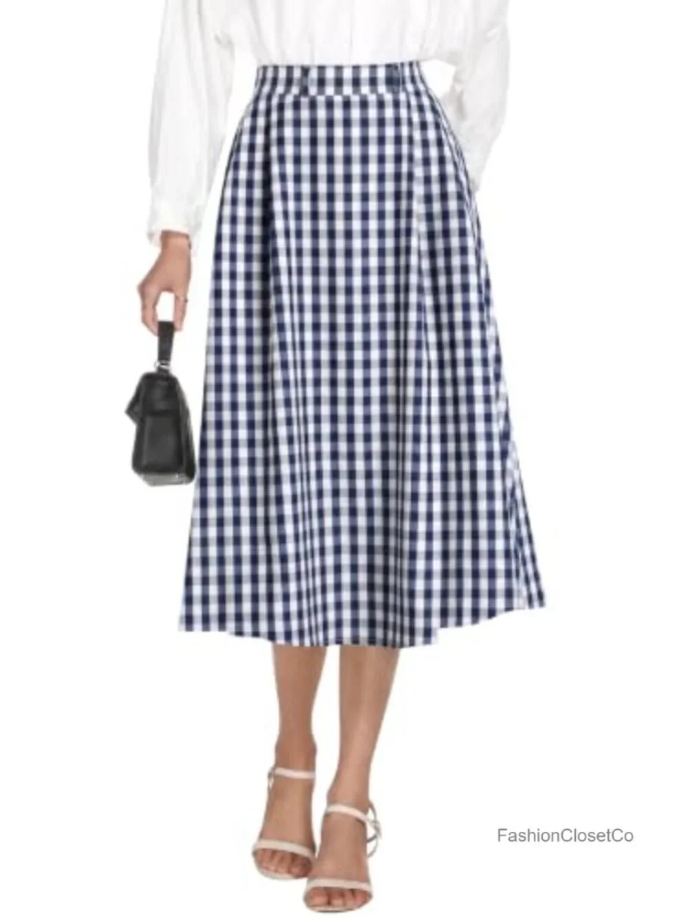 A-Line Midi Pleated Skirt High Waist Side Pockets Women Business Casual